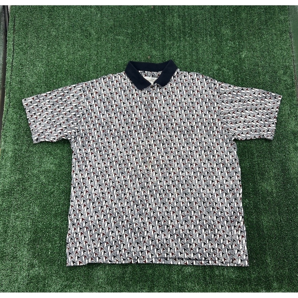 Vintage Natural Issue Abstract Pattern Mens XXL Black Golf Polo Collared Shirt